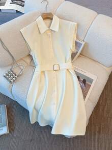 Franclia Solid Color Casual/Commute Style Midi Dress For Women - Apricot - View 4