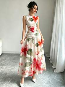 Modelyn 红色印花V领无袖长款连衣裙，女士时尚褶皱腰身长裙，白色花卉图案夏季度假优雅连衣裙 - 彩色 - 查看 3