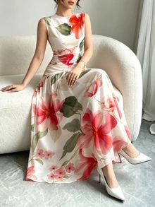 Modelyn 红色印花V领无袖长款连衣裙，女士时尚褶皱腰身长裙，白色花卉图案夏季度假优雅连衣裙 - 彩色 - 查看 6