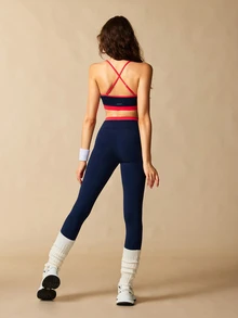 VARSIVA Women's Colorblock Bra And Asymmetric Waistband Leggings Sports Set - Navy Blue - View 5