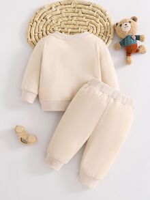 SHEIN 米色秋季可愛圖案假日新生兒嬰兒卡通熊刺繡衛衣褲子2件套韓式長袖親子套裝 - 杏色 - 查看 2