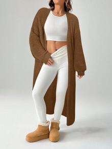 SHEIN PETITE 女款秋冬出遊保暖針織開襟衫，棕色系毛衣，適合嬌小女性旅行，極簡休閒加絨保暖 - 棕色 - 查看 3