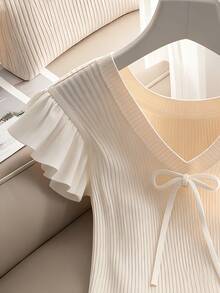 SHEIN Franclia 女士V领荷叶边拼接蝴蝶结装饰优雅百搭约会休闲T恤蝴蝶结上衣可爱针织衫女式上衣夏季上衣针织衫夏季上衣女士可爱上衣 - 白色 - 查看 5