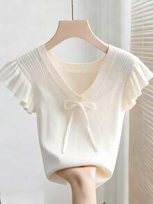 SHEIN Franclia 女士V领荷叶边拼接蝴蝶结装饰优雅百搭约会休闲T恤蝴蝶结上衣可爱针织衫女式上衣夏季上衣针织衫夏季上衣女士可爱上衣 - 白色 - 查看 3