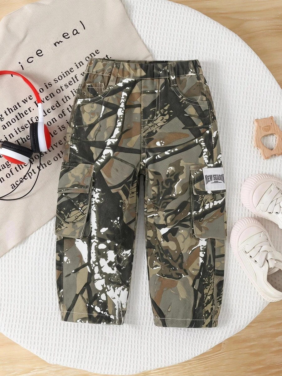 SHEIN Baby Boy Camouflage Cargo Pants Casual Loose Fit Straight Leg Jeans With Branch Pattern,Holiday,Summer,Travel Autumn Fall - Multicolor - View 1