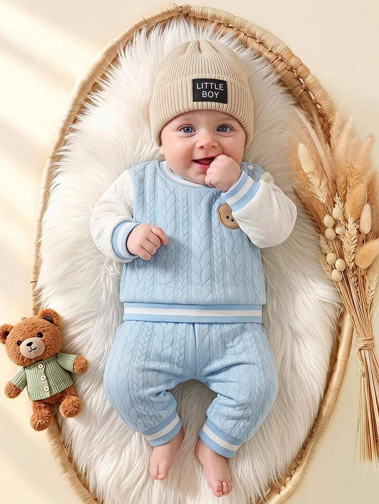 SHEIN Newborn Male Baby Light Blue Long Sleeved Teddy Bear Pattern Top And Pants Set, Casual Cute Cowboy, Simple And Cute Autumn - Blue - View 1