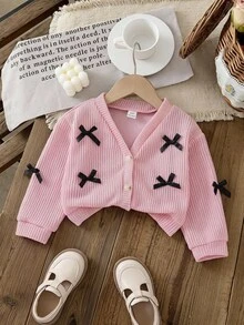 SHEIN 女婴 V 领蝴蝶结纯色长袖开衫，春秋装 - 藕粉色 - 查看 1