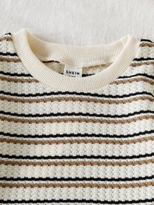 SHEIN Vintaside Kids 2件組女嬰米色條紋波點針織長袖上衣 + 休閒端莊老錢風長褲套裝，適合春季/秋季/冬季上班穿著 - 彩色 - 查看 3