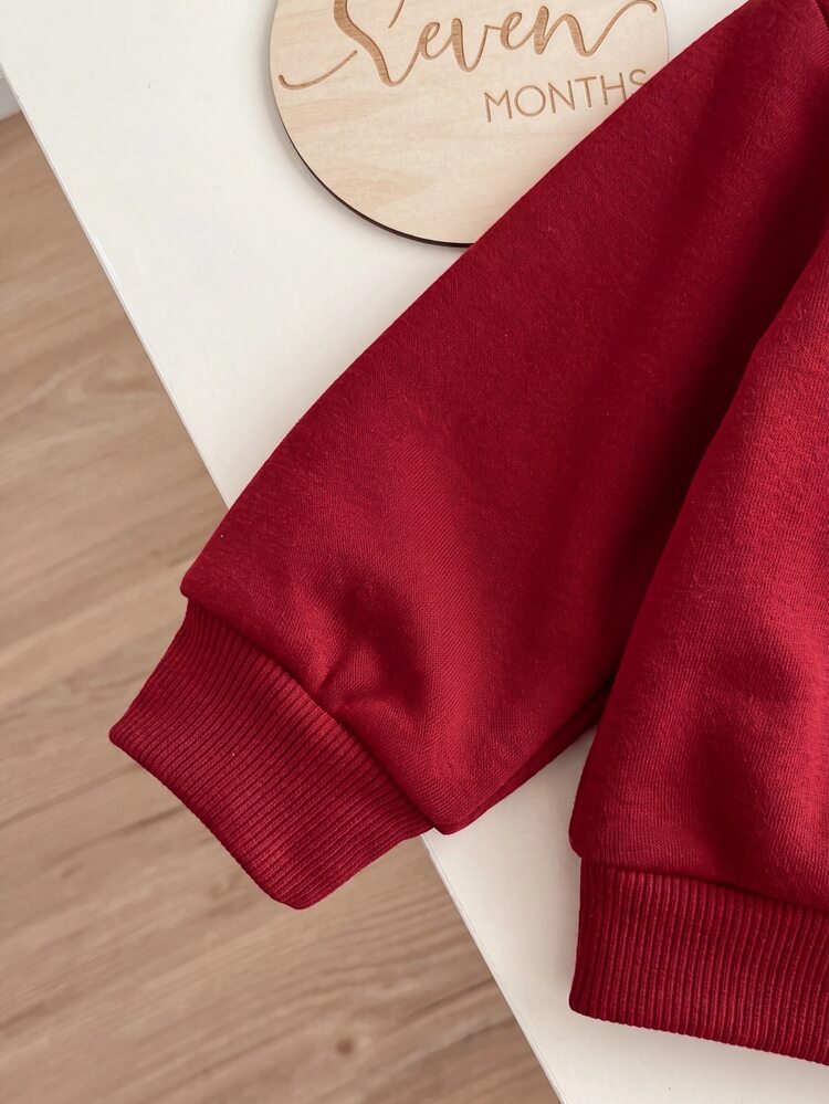 SHEIN طقم ملابس بناتي أحمر من 3 قطع، سويت شيرت فضفاض بكتف منسدل مبطن حراريًا وموبر، بنطلون كاجوال متعدد الاستخدامات مع شال مخطط، ستايل سميك مبطن حراريًا وموبر للشتاء والكريسماس - عنابي اللون - مشاهدة 5