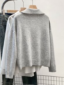 Franclia 女式纯色落肩长袖圆领毛衣，时尚秋季 - 灰色 - 查看 2