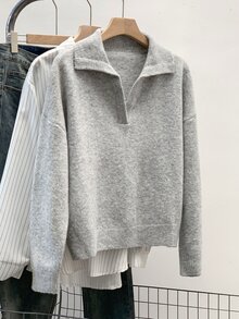 Franclia 女式纯色落肩长袖圆领毛衣，时尚秋季 - 灰色 - 查看 1