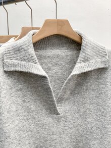 Franclia 女式纯色落肩长袖圆领毛衣，时尚秋季 - 灰色 - 查看 4