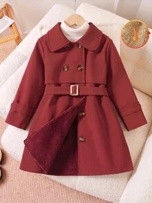 Elladie kids 女童雙排扣束腰風衣，保暖內裡翻領秋季風衣，可愛開學穿搭 - 紅色 - 查看 8
