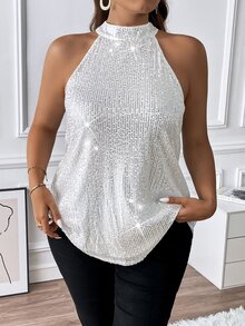 Allurite Plus Sequin Halter Top - Silver - View 5