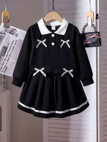 SHEIN YOUNG Girs 2件組小女孩秋季學院風對比領蝴蝶結 Polo 運動衫與百褶裙套裝，秋季服飾 - 黑色 - 查看 6
