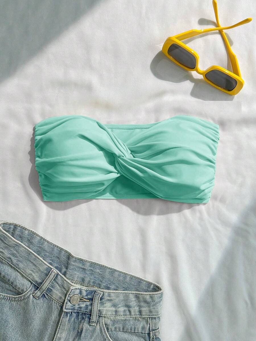 Swim Basics 度假海灘純色扭結平口比基尼上衣 - 薄荷綠 - 查看 1