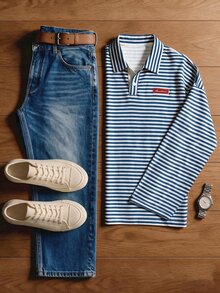Manfinity Dauomo Men's Casual Striped Long Sleeve T-Shirt, Autumn - Blue - View 2