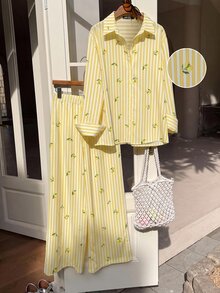 SHEIN EZwear 大尺碼條紋檸檬印花單排扣襯衫與口袋長褲兩件套 秋季 - 黃色 - 查看 4