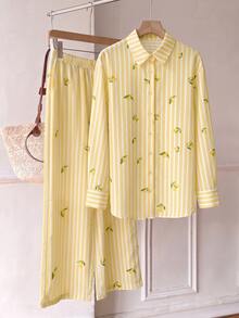 SHEIN EZwear 大尺碼條紋檸檬印花單排扣襯衫與口袋長褲兩件套 秋季 - 黃色 - 查看 10