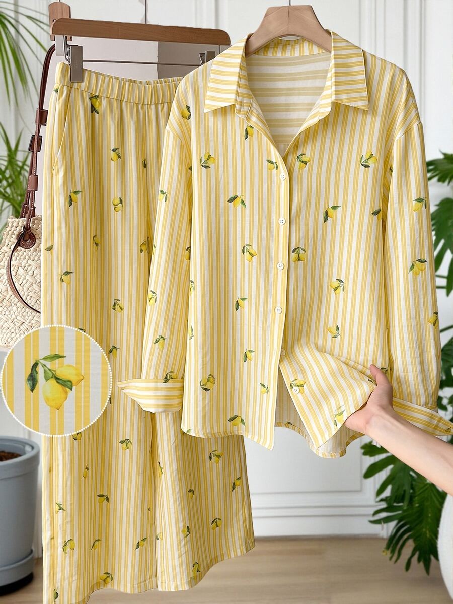 SHEIN EZwear 大尺碼條紋檸檬印花單排扣襯衫與口袋長褲兩件套 秋季 - 黃色 - 查看 1