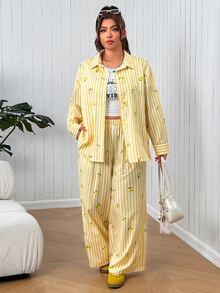 SHEIN EZwear 大尺碼條紋檸檬印花單排扣襯衫與口袋長褲兩件套 秋季 - 黃色 - 查看 7