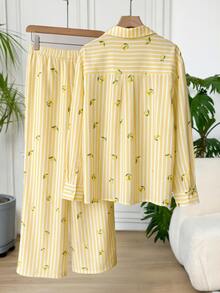 SHEIN EZwear 大尺碼條紋檸檬印花單排扣襯衫與口袋長褲兩件套 秋季 - 黃色 - 查看 2