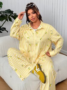 SHEIN EZwear 大尺碼條紋檸檬印花單排扣襯衫與口袋長褲兩件套 秋季 - 黃色 - 查看 5