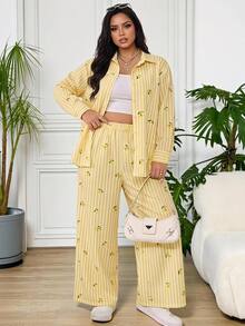 SHEIN EZwear 大尺碼條紋檸檬印花單排扣襯衫與口袋長褲兩件套 秋季 - 黃色 - 查看 9