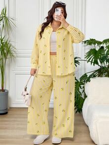 SHEIN EZwear 大尺碼條紋檸檬印花單排扣襯衫與口袋長褲兩件套 秋季 - 黃色 - 查看 3