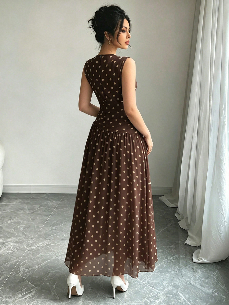 Modelyn Brown And White Polka Dot French Chiffon Dress, Women's Fashion Low Neckline Sleeveless Waist-Defining Long Dress, Elegant Garden Party - Multicolor - View 2