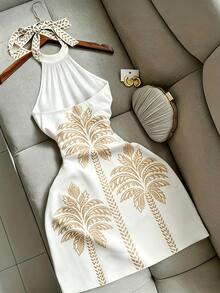 Franclia Summer Casual Vacation Halter Neck Fitted Sexy Tie-Up Short Dress For Women - White - View 2