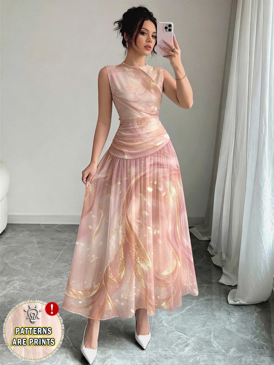 Modelyn 金粉色流線紋理圖案法式風格洋裝,女款時尚低領無袖收腰長裙,抓皺收腰設計,夏日度假風,日常穿搭 - 彩色 - 查看 1