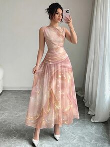 Modelyn 金粉色流線紋理圖案法式風格洋裝，女款時尚低領無袖收腰長裙，抓皺收腰設計，夏日度假風，日常穿搭 - 彩色 - 查看 4
