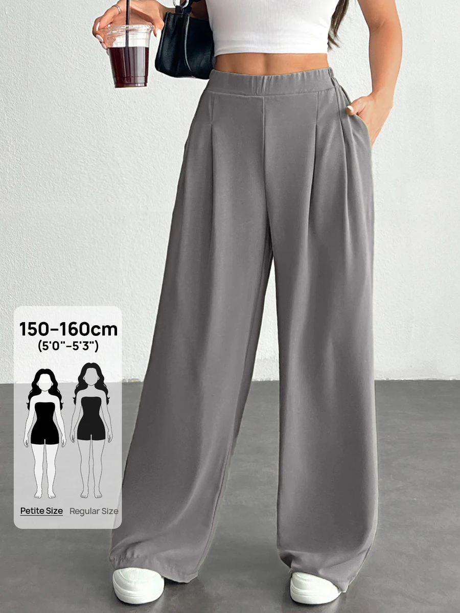 SHEIN PETITE 小碼女款純色簡約日常基本款工作長褲 - 灰色 - 查看 1