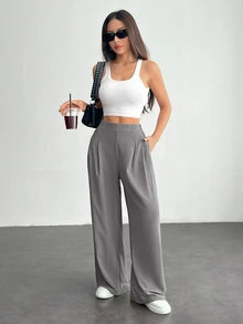 SHEIN PETITE 小碼女款純色簡約日常基本款工作長褲 - 灰色 - 查看 3