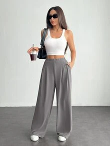 SHEIN PETITE 小碼女款純色簡約日常基本款工作長褲 - 灰色 - 查看 4