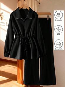 SHEIN Clasi 女款大尺碼基礎款高領抽繩拉鍊開襟兩件套 秋季 - 黑色 - 查看 1