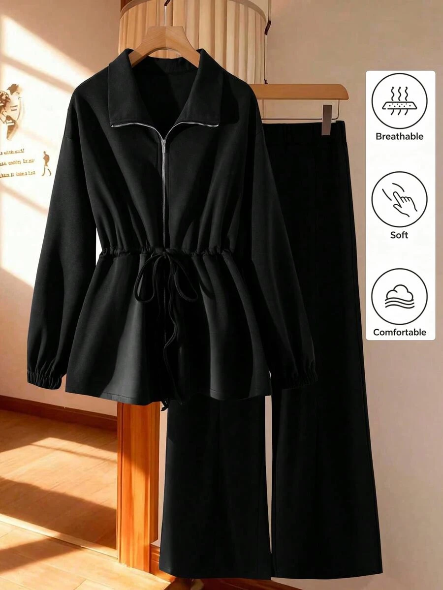 SHEIN Clasi 女款大尺碼基礎款高領抽繩拉鍊開襟兩件套 秋季 - 黑色 - 查看 1