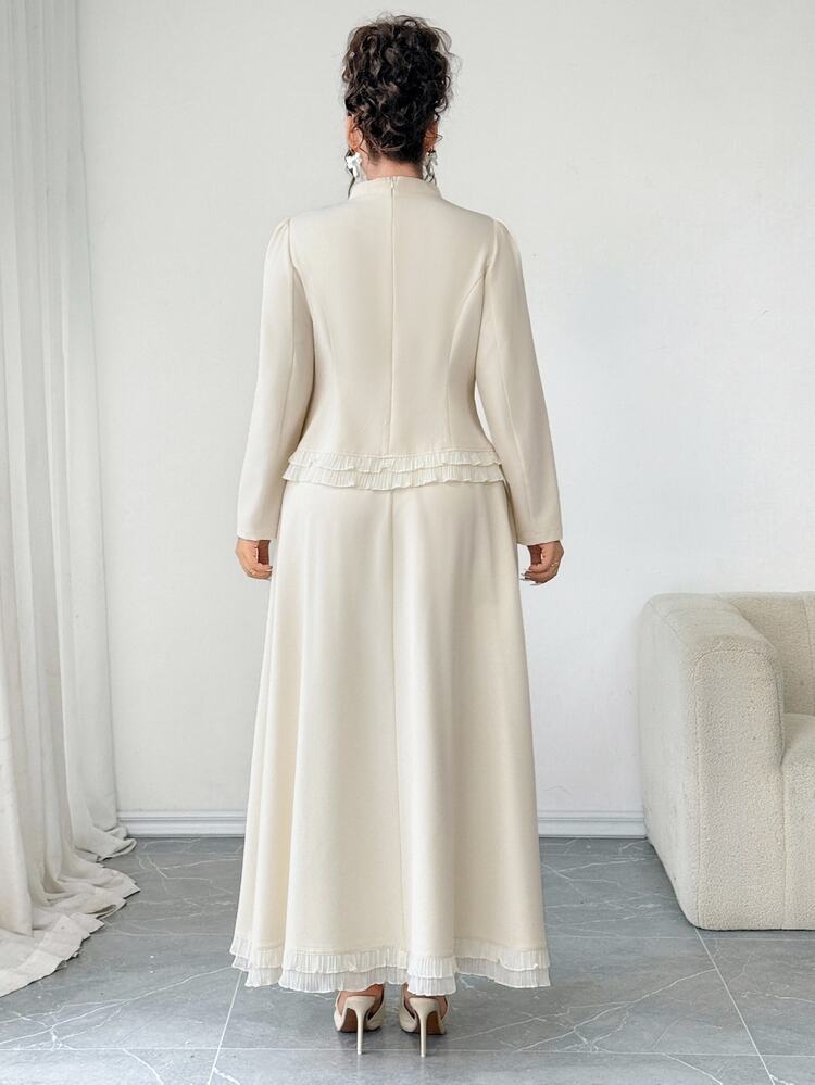SHEIN Elenzya Plus Size Beige Modest Mal Wedding Guest Al-Adha Autumn 2-Piece Set,High Collar Long Sleeve Ruffle Trim Shirt&Umbrella Hem Skirt Elegant Outfit Fall - Apricot - View 2