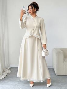 SHEIN Elenzya 大码挺括梭织面料高领长袖不规则弧形门襟金色纽扣装饰收腰A字下摆荷叶边修身衬衫 + 收腰伞裙荷叶边半裙，优雅适合外出、通勤、聚会、约会等场合，两件套 - 杏色 - 查看 3