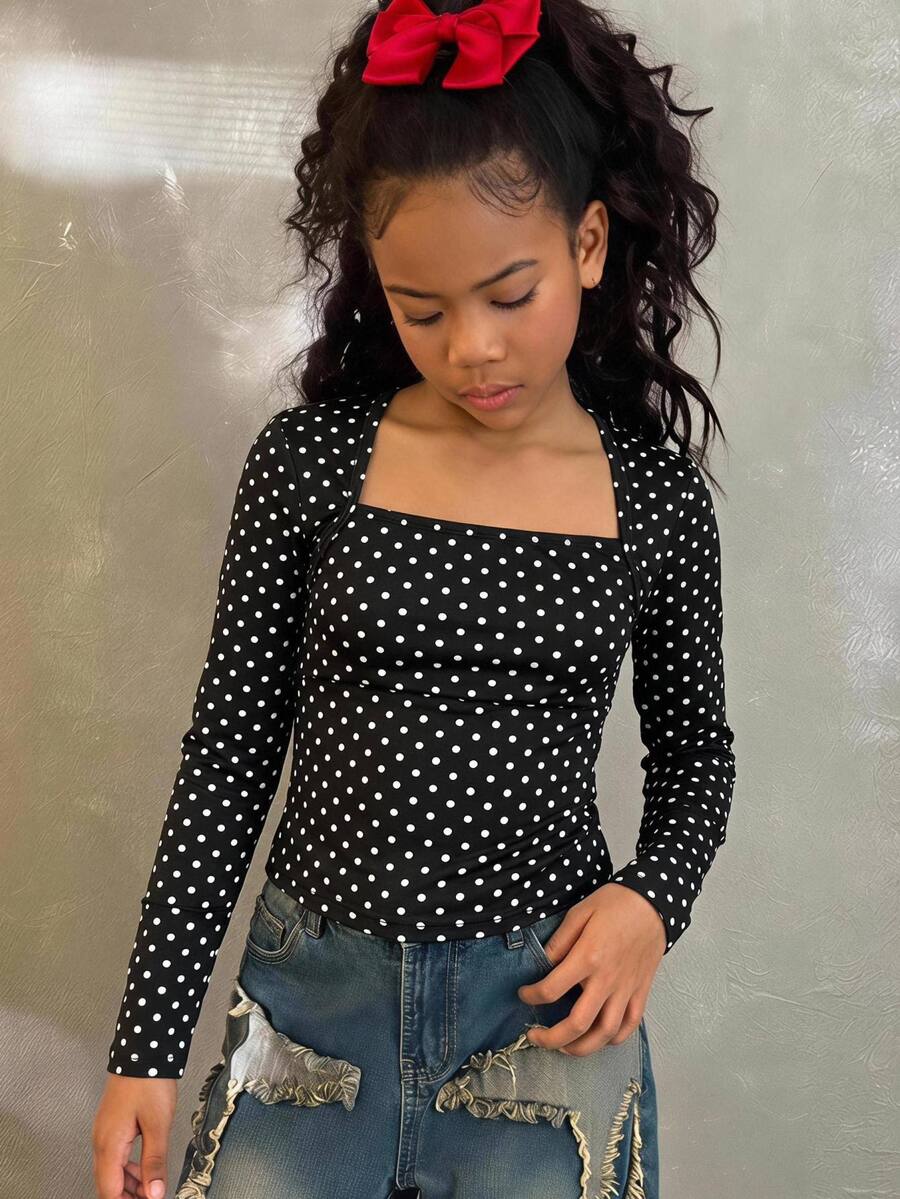 Tween Girls Fall Fashionable Kids Snug Fit T-Shirt With Raglan Sleeves, U-Neck, Ruched Waist, Stretchy - Black and White - View 1