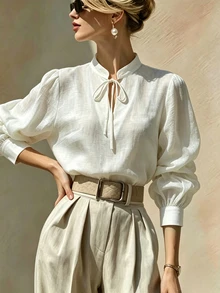 SHEIN 女款純色領結領長袖襯衫 - 白色 - 查看 9