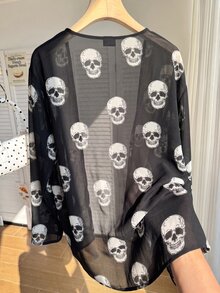 SHEIN EZwear 大尺碼女款骷髏圖案短袖寬鬆開襟衫，萬聖節夏季哥德風 - 黑與白 - 查看 7