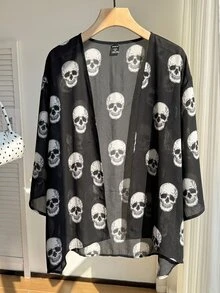 SHEIN EZwear 大尺碼女款骷髏圖案短袖寬鬆開襟衫，萬聖節夏季哥德風 - 黑與白 - 查看 6