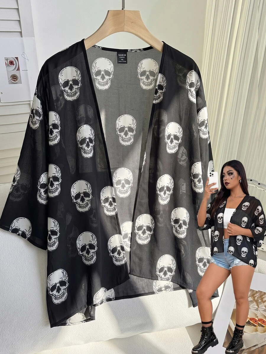 SHEIN EZwear 大尺碼女款骷髏圖案短袖寬鬆開襟衫，萬聖節夏季哥德風