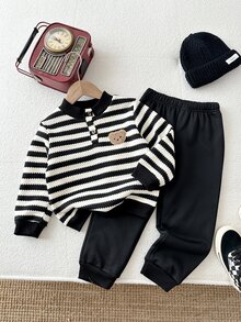 SHEIN Playful Pals 2件組 幼兒男孩衛衣長褲套裝 可愛黑白條紋熊圖案 羊羔絨加厚 長袖鈕扣領 冬季生日慢跑舒適款 Avengers 羊羔絨袖口 - 黑與白 - 查看 6