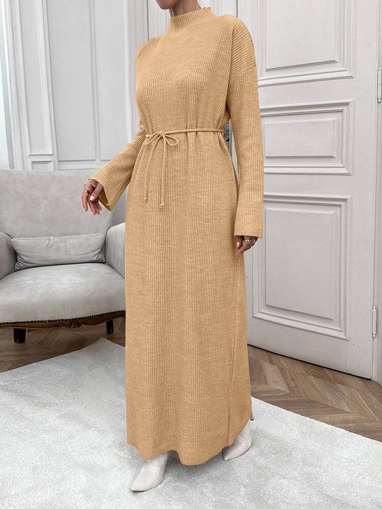 EURMUSE Long Sleeve Solid Color Stand Collar Belted Knit Sweater Dress - Camel - View 4