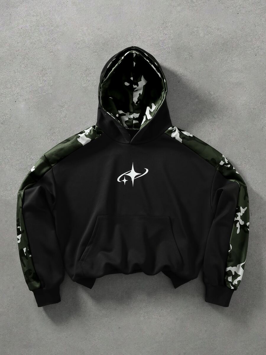 ROMWE MEN Men's Autumn/Winter Patchwork Double Layer Hooded Sweatshirt - Black - View 1