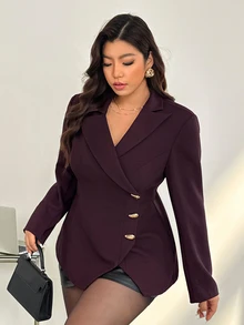 Auralis 女款大尺碼深紫色夏季優雅正式西裝外套，立領單排扣長袖辦公穿搭修身西裝，不對稱設計秋冬款 - 中紫紅色 - 查看 7