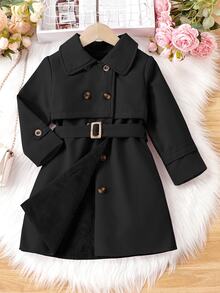 Elladie kids 年轻女孩经典双排扣中长款风衣配腰带，时尚春秋夹克 - 黑色 - 查看 4